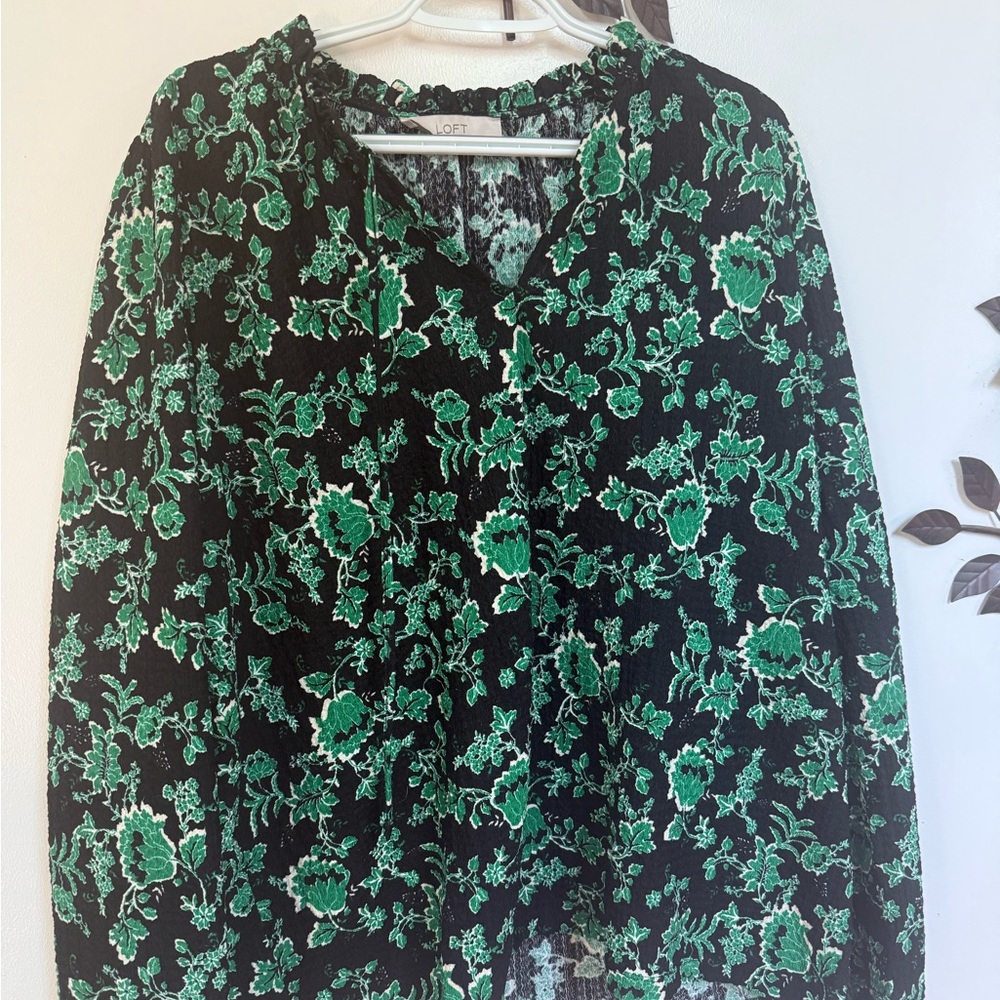 LOFT Black and Green Floral Blouse